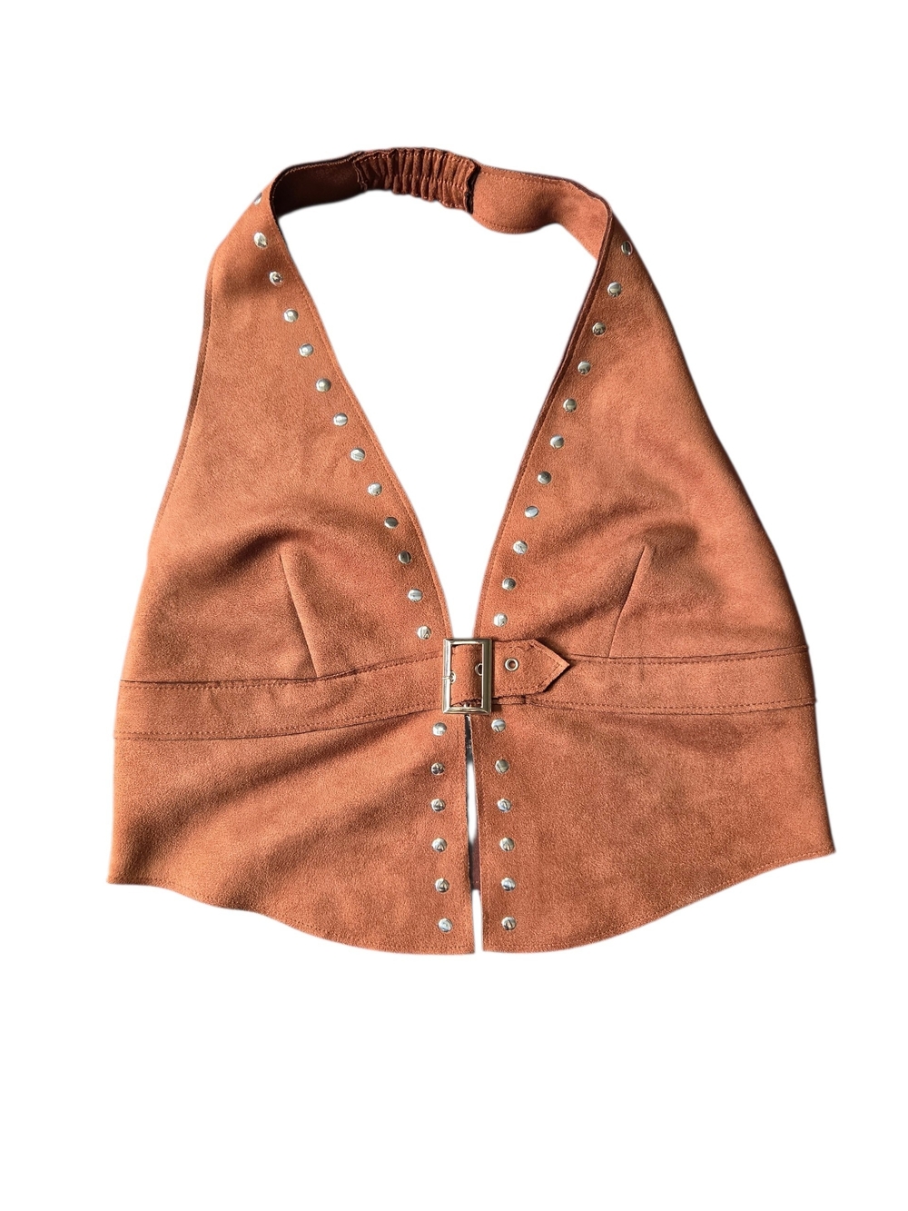 Y2K Moa Moa Brown Faux Suede Backless Halter Top w/ Silver Studs + Buckle Medium